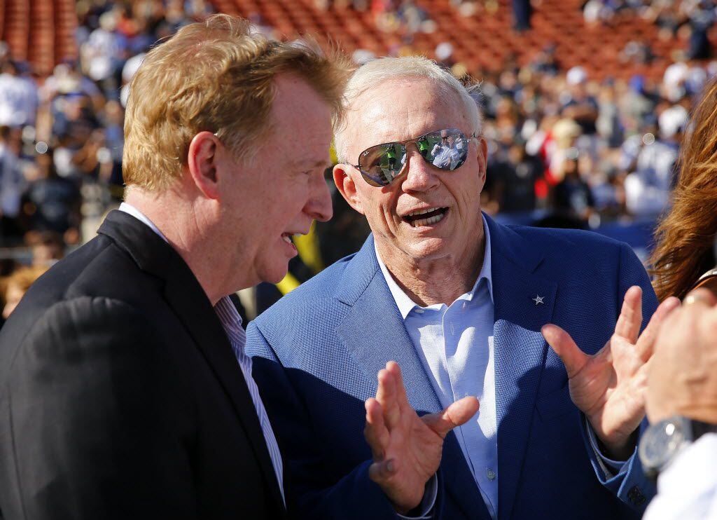 NFL Commissioner Roger Goodell (left) visits with Dallas Cowboys owner Jerry Jones before...