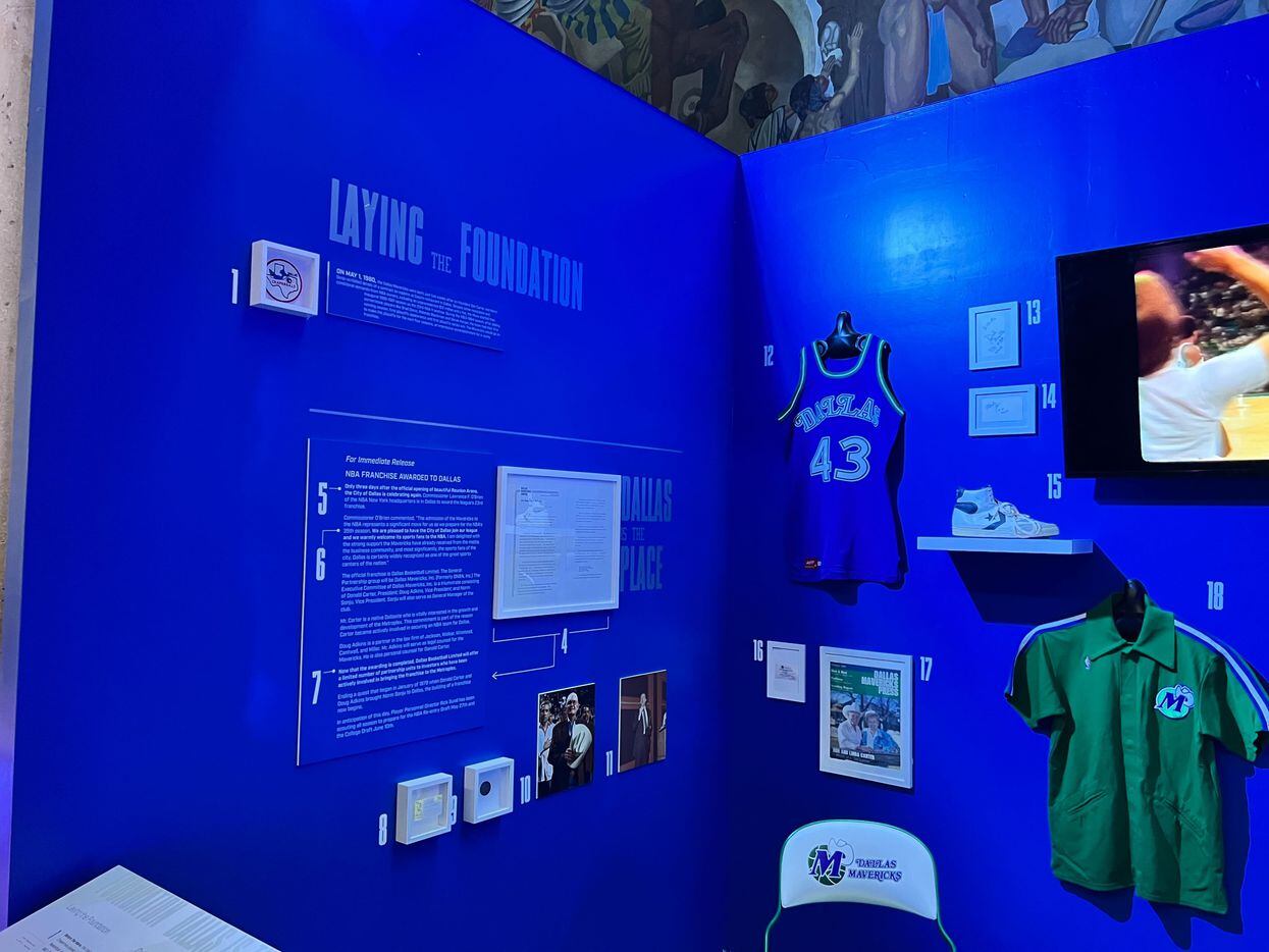 Mavericks jerseys and memorabilia of past and present on display at the Mavs vault exhibit...