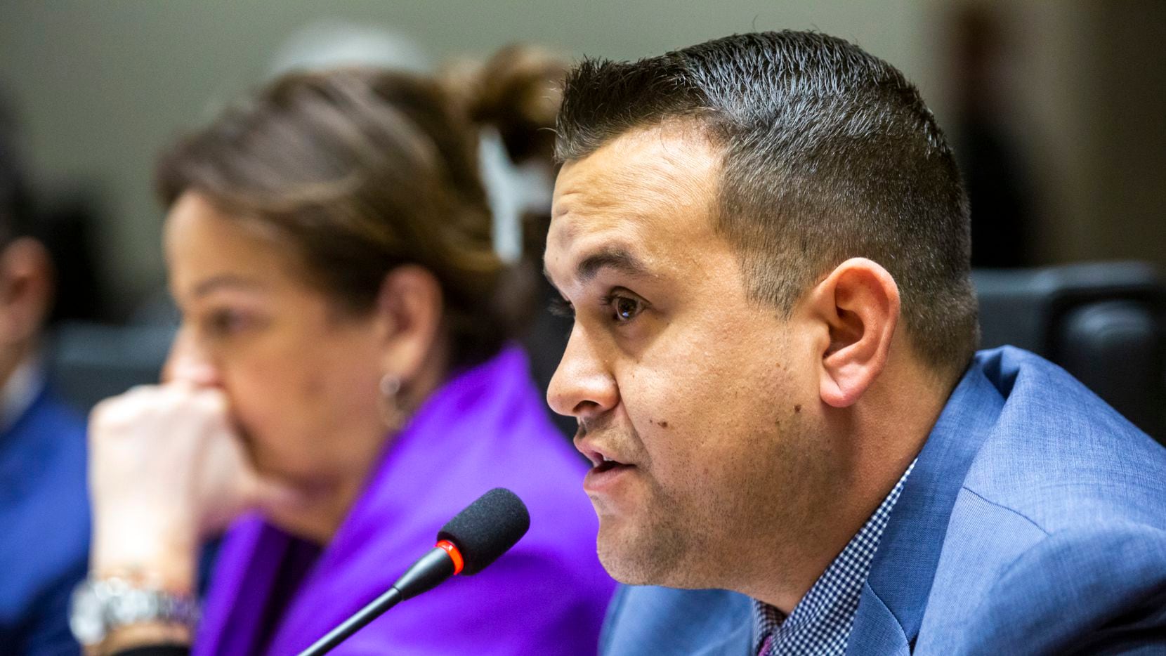 Council member Adam Bazaldua speaks during a City Council morning meeting in downtown Dallas...