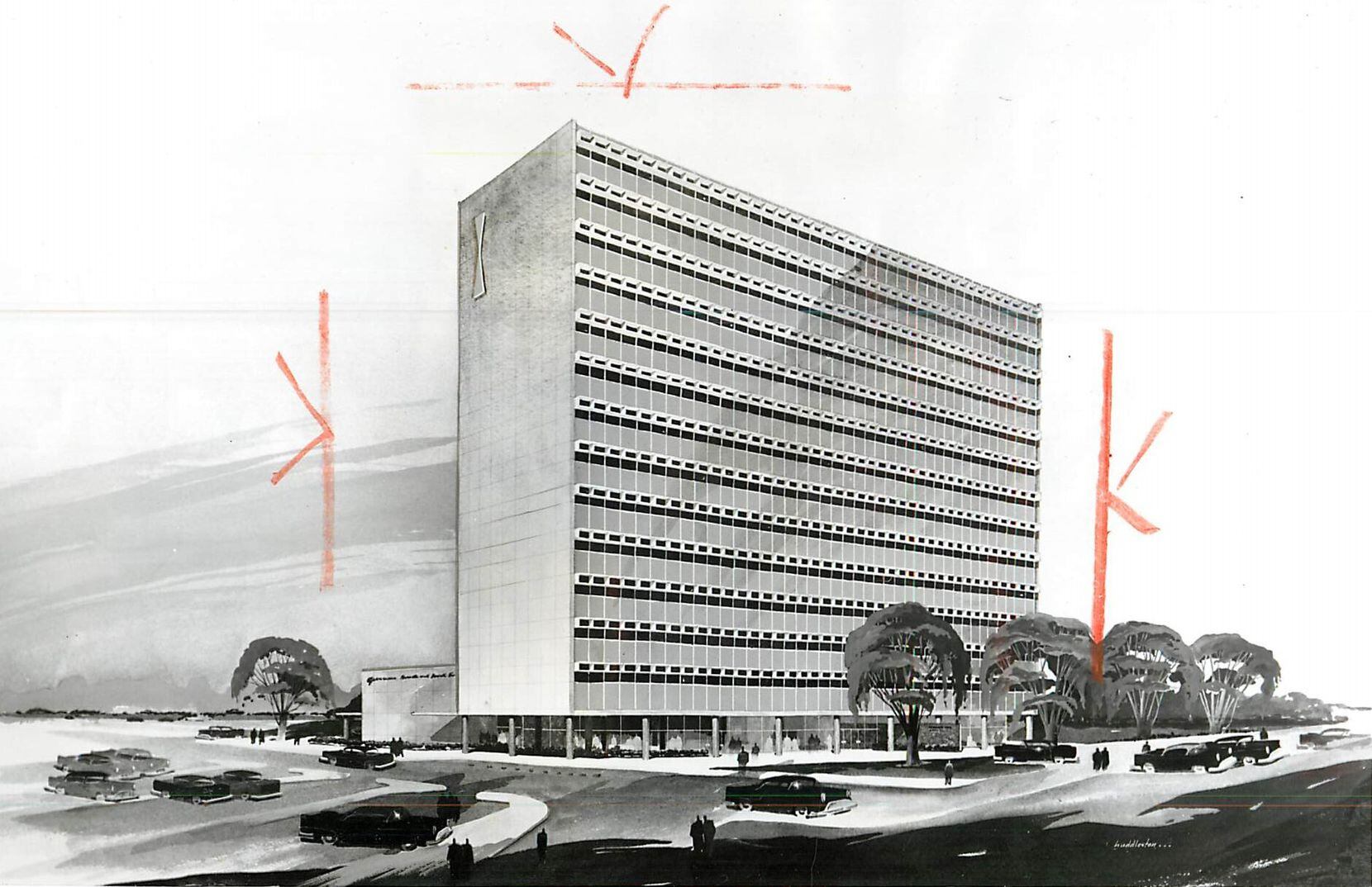 A 1961 file image from 'The Dallas Morning News' still shows crop marks around a rendering...