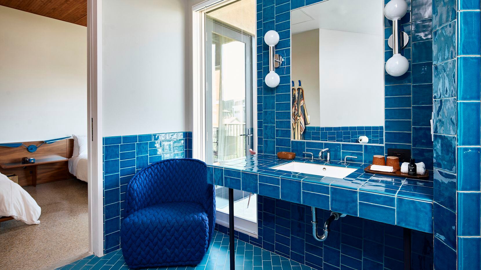Hotel Magdalena in Austin has bright rooms featuring red, green, blue and yellow Spanish tiles.