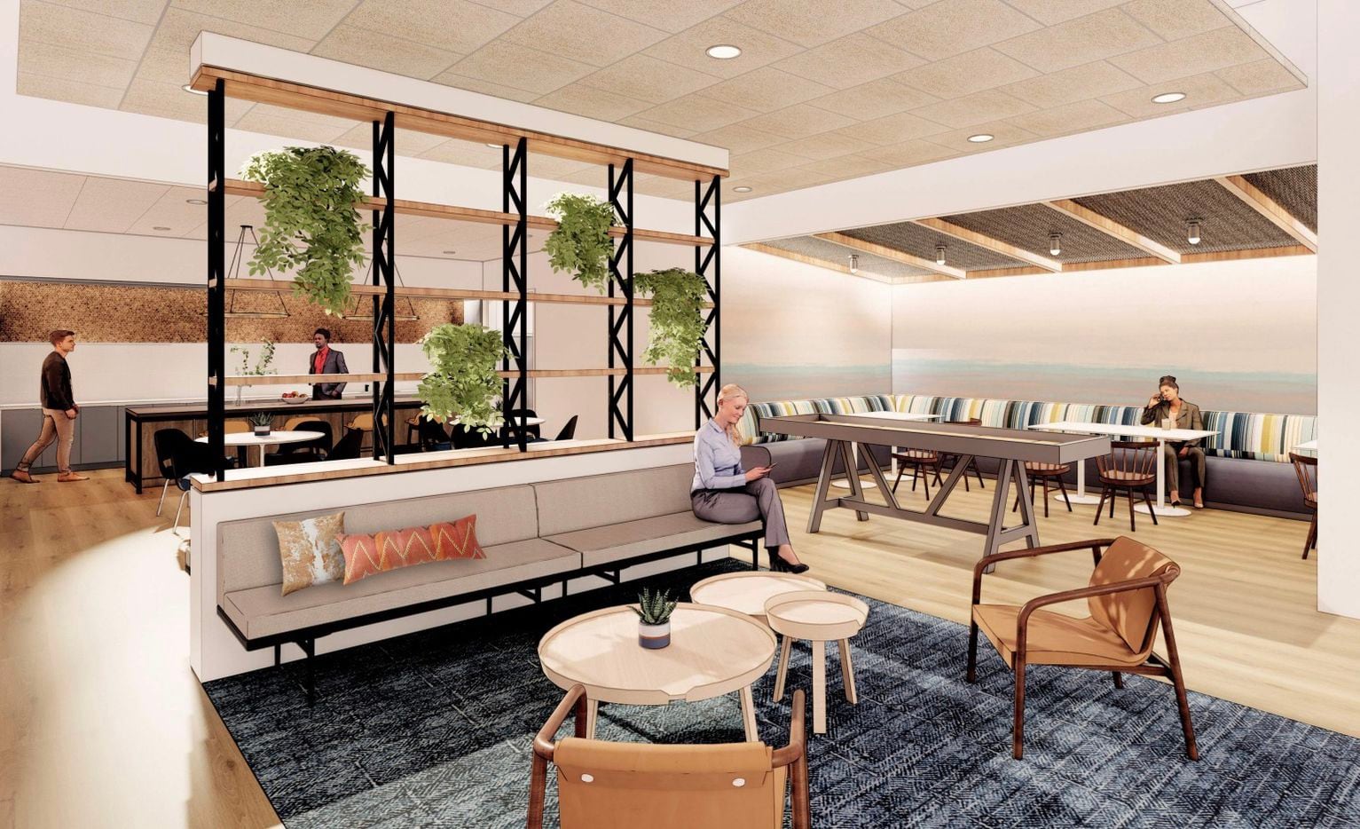 A rendering of one of the cafes being added to Bank of America's Plano campus buildings,...