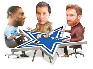 An illustration of The Dallas Morning News' Cowboys beat reporters. From L to R: Calvin Watkins, David Moore and Michael Gehlken.
