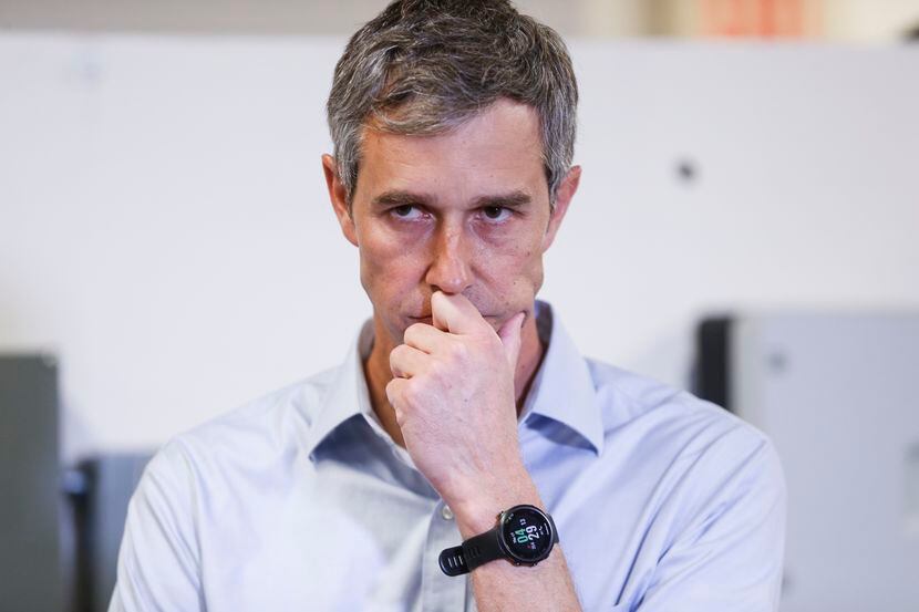 Beto O’Rourke listened to a question asked by media after touring North Texas Electrical...