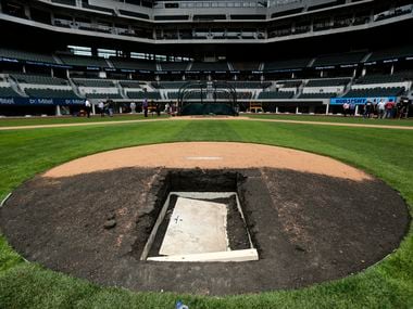 The Texas Rangers installed a retractable pitching mound at the new completed Globe Life Field in Arlington, Wednesday, May 20 2020. A door at the back of the mound leads to a 3-4 foot crawl space for the dirt hill to be lowered for non-baseball events. (Tom Fox/The Dallas Morning News)