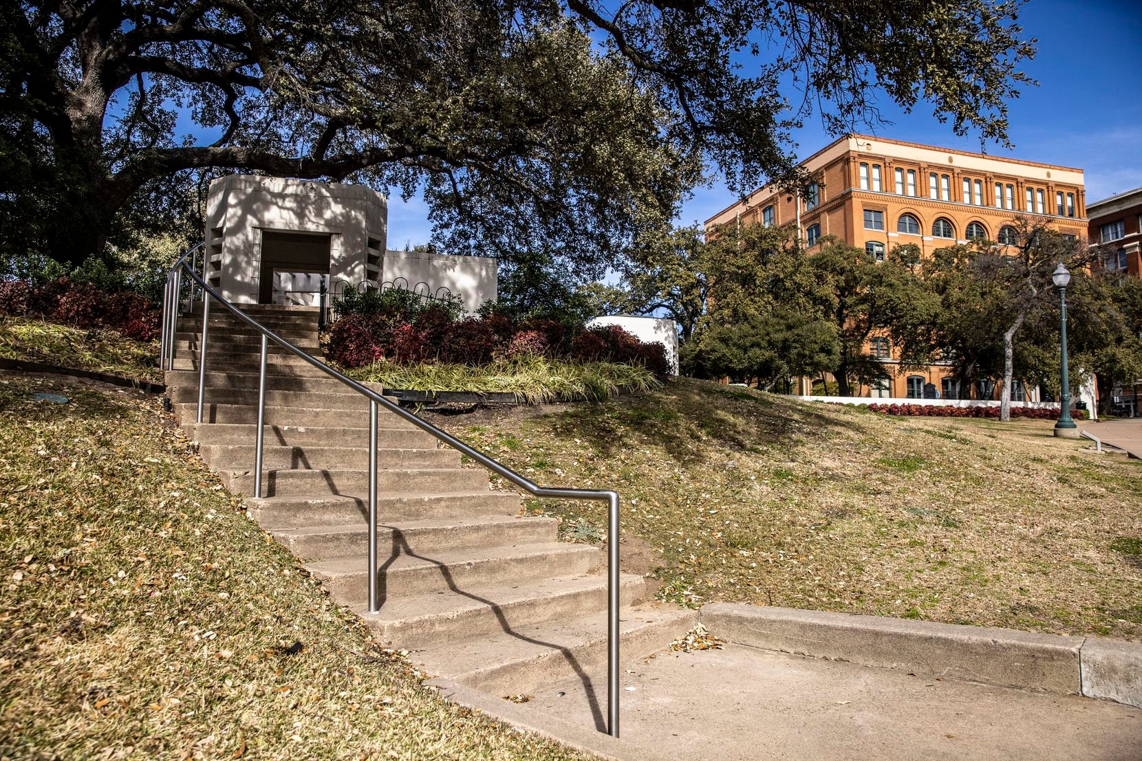 A staircase at Dealey Plaza allows visitors a way to walk from parking lots to the sidewalk...