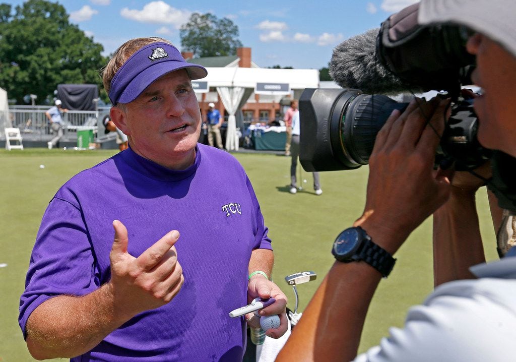 FILE - TCU head football coach Gary Patterson talks with the local media during the Colonial...