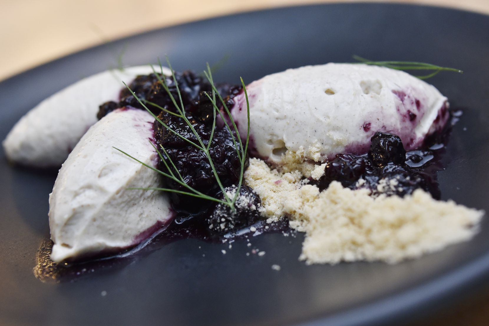 Pressed greek yogurt with berry compote and brown butter crumble