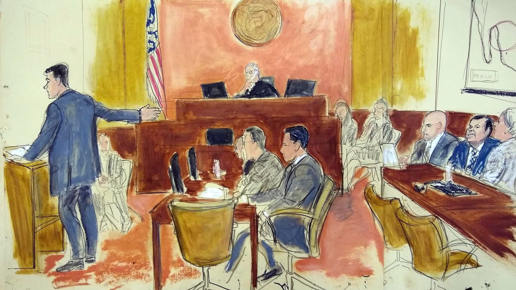 Una ilustración del juicio en Brooklyn, Nueva York, a el narcotraficante Joaquín “EL Chapo”...