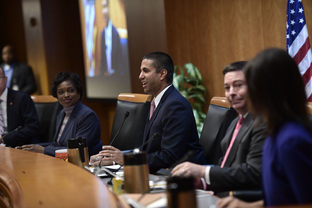 FCC Chairman Ajit Pai speaks during a hearing at the Federal Communications Commission, after it was briefly interrupted and evacuated by police due to security reasons, moments before the vote to repeal net neutrality protections on December 14, 2017 in Washington, DC. / AFP PHOTO / Brendan SmialowskiBRENDAN SMIALOWSKI/AFP/Getty Images