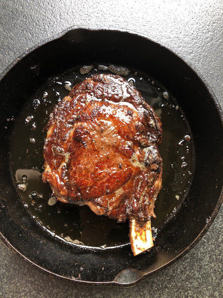 An Allen Brothers rib-eye smoked on a Traeger pellet grill until the internal temperature was 115 , then seared in a 500-F smoking-hot iron skillet to give it a nice crust.