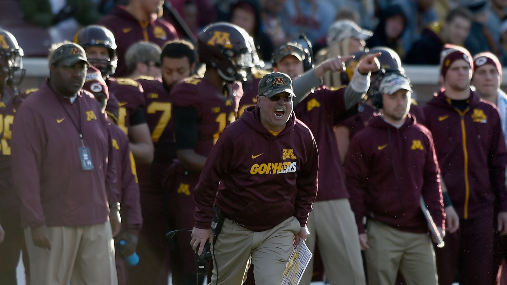 Head coach Jerry Kill of the Minnesota Golden Gophers reacts to a play against the Nebraska...