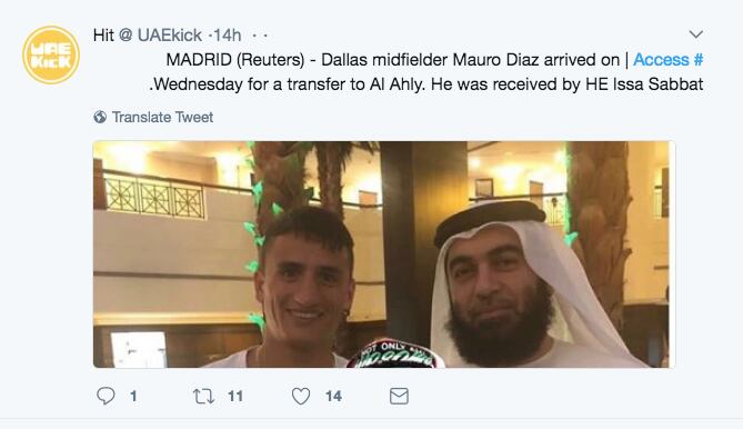 Foto de Mauro Díaz del FC Dallas supuestamente en Dubai, el miércoles. Twitter.
