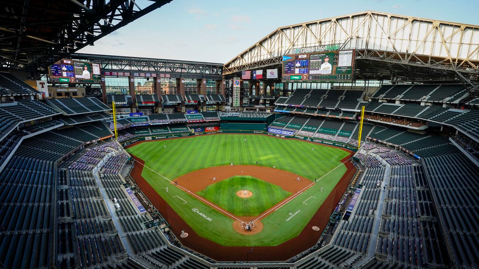 The Texas Rangers face the Oakland Athletics with the roof open during the first inning of game two of a double header at Globe Life Field on Saturday, Sept. 12, 2020. (Smiley N. Pool/The Dallas Morning News)