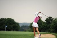 Southlake Carroll’s Chiara Brambilla tees off on hole #8 during round 1 of the UIL Girl’s 6A...