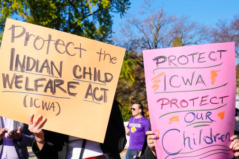 Demonstrators stood outside the U.S. Supreme Court in Washington on Nov. 9, 2022, as the...