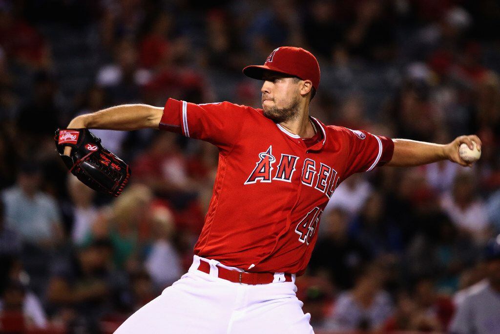 Tyler Skaggs pitches for the Los Angeles Angels against the Texas Rangers at Angel Stadium...