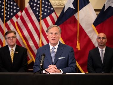 Gov. Greg Abbott promises an announcement Monday that will allow for the reopening of a "massive amount of businesses," in a safe way that is guided by data and doctors. He is shown here with Lt. Gov. Dan Patrick (left) and Speaker Dennis Bonnen on April 17, when Abbott announced a panel to advise him on reopening the state.