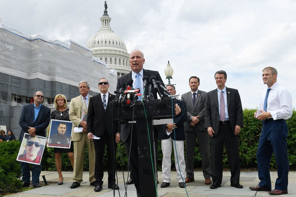 Rep. Chip Roy, R-Texas, center, speaks about immigration on the southern border during a...