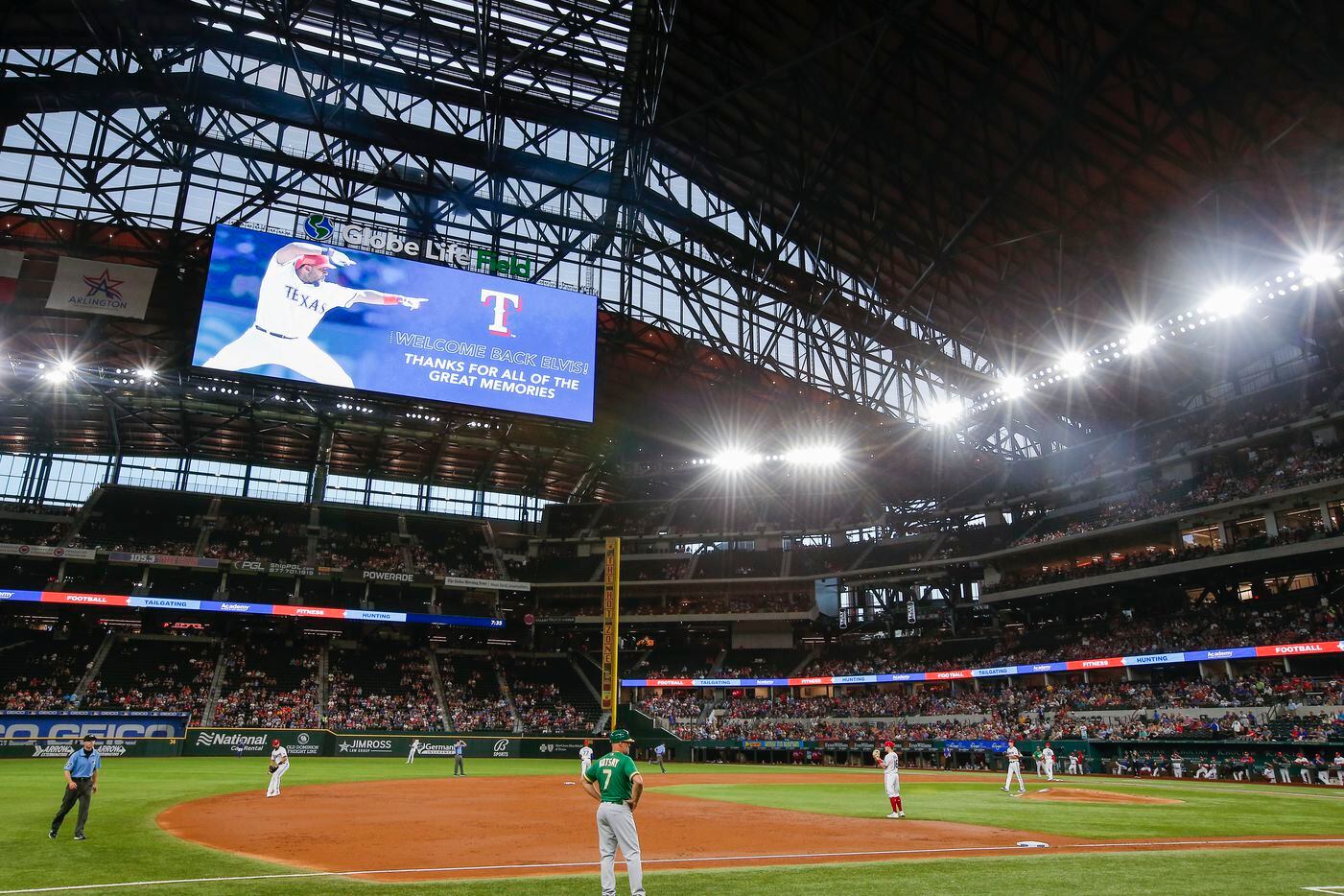 A video montage of former Texas Rangers’, and now Oakland Athletics shortstop Elvis Andrus,...