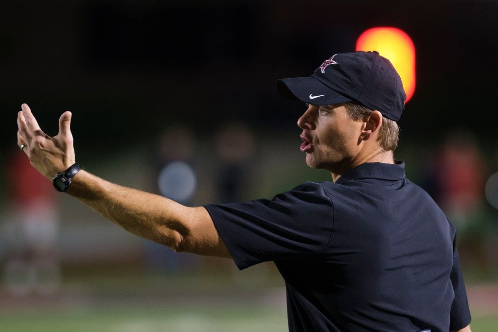 Coppell head coach Mike DeWitt works the sidelines during the second half of a high school football game against Hebron on Friday, Oct. 4, 2019, in Coppell, Texas. (Smiley N. Pool/The Dallas Morning News)