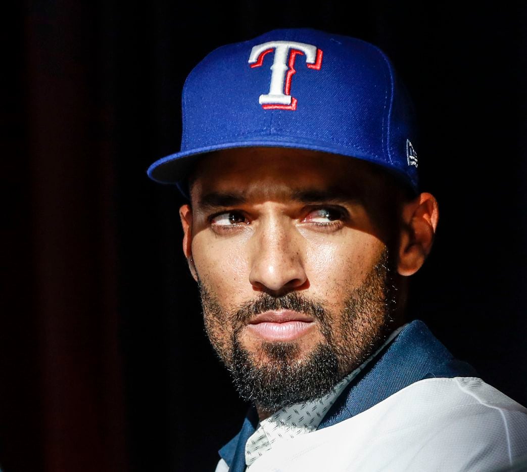 Marcus Semien at a news conference at Globe Life Park in Arlington on Wednesday, Dec. 1, 2021. Former Toronto Blue Jays, Marcus Semien, signed a contract with the Texas Rangers for 175 million dollars. (Rebecca Slezak/The Dallas Morning News)