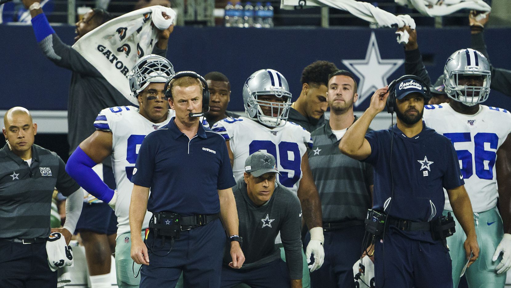 Dallas Cowboys head coach Jason Garrett watches as his team makes defensive stand during the second half of an NFL football game against the Philadelphia Eagles at AT&T Stadium on Sunday, Oct. 20, 2019, in Arlington.