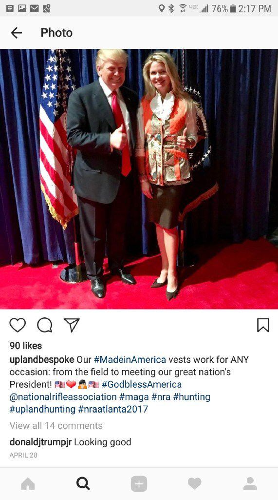 An Instagram post by Kathryn Beach pictures her and President Donald Trump as she wears one...