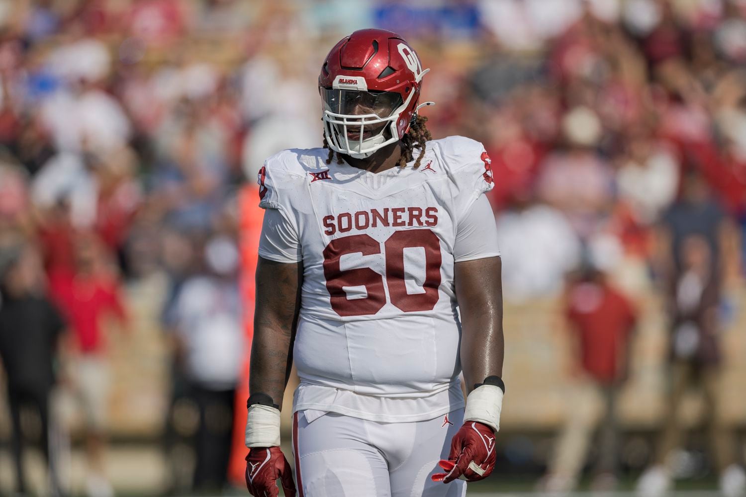 Oklahoma offensive lineman Tyler Guyton (60) during the first half of an NCAA college...