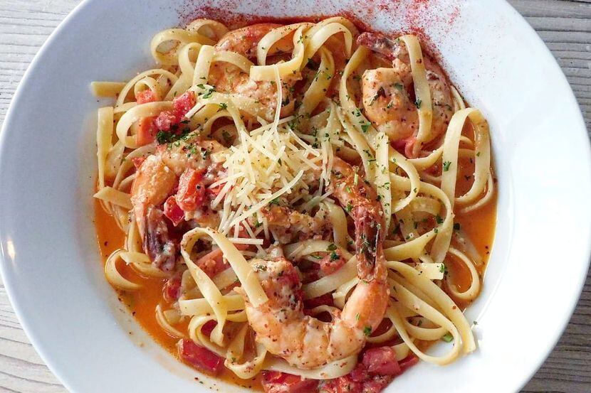 Aleppo pepper-marinated shrimp is pictured in the fettuccine at Bear Creek Bistro.
