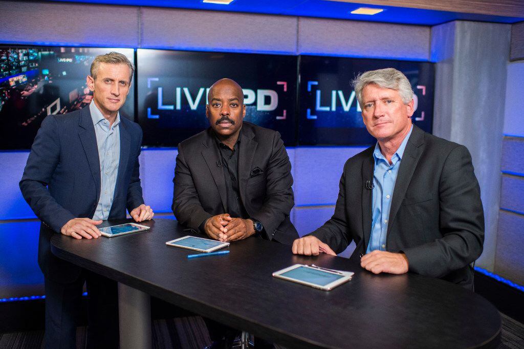 Host Dan Abrams (left to right) is joined by Dallas police Detectives Rich Emberlin and...