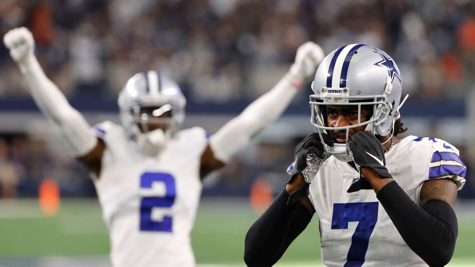 Dallas Cowboys cornerback Trevon Diggs (7) reacts after stopping the Cincinnati Bengals on a...