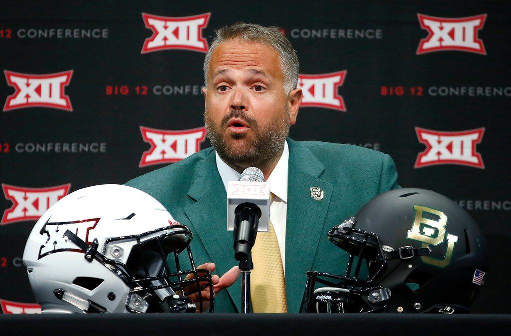 Baylor head football coach Matt Rhule speaks during Big 12 Media Days at Ford Center at The...