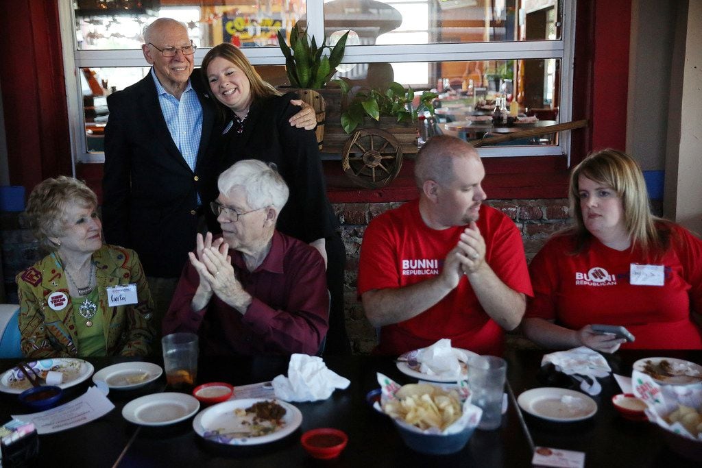 Rafael Cruz, father of U.S. Sen. Ted Cruz, hugs Bunni Pounds after introducing her during a...