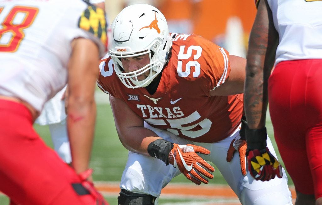 Texas Longhorns offensive lineman Connor Williams (55) is pictured during the University of Maryland Terrapins vs. the University of Texas Longhorns NCAA football game at Darrell K Royal Texas Memorial Stadium in Austin, Texas on Saturday, September 2, 2017. (Louis DeLuca/The Dallas Morning News)