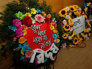 Wreaths bearing messages in Bangla festooned DFW Family Church in Irving last month.