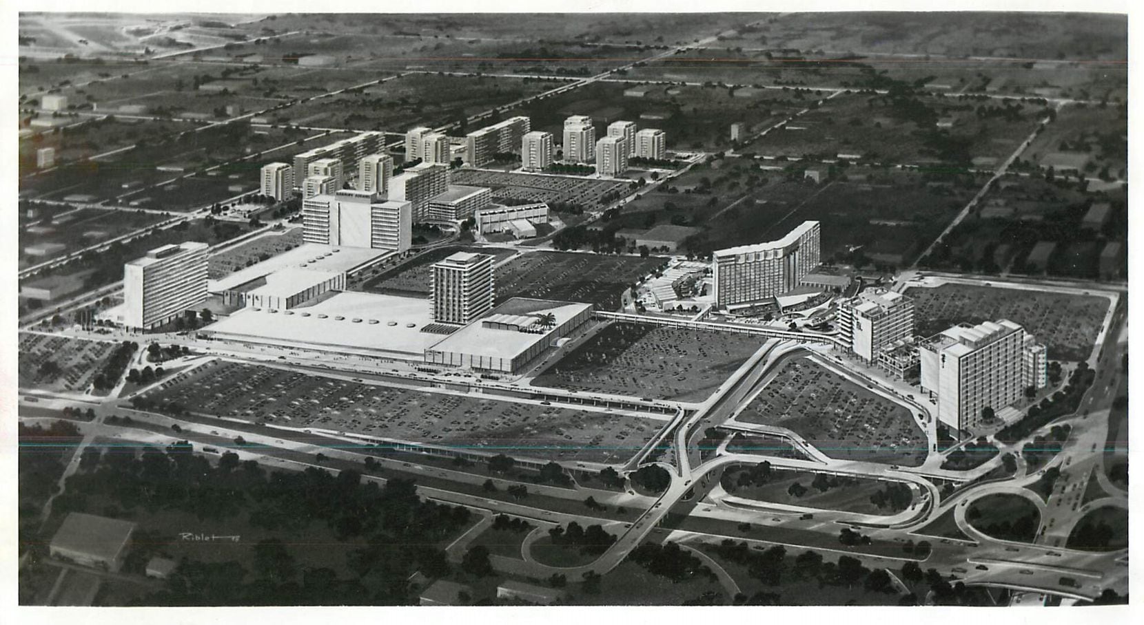 Rendering of the proposed Exchange Park complex, Lane, Gamble & Associates, 1956. The...