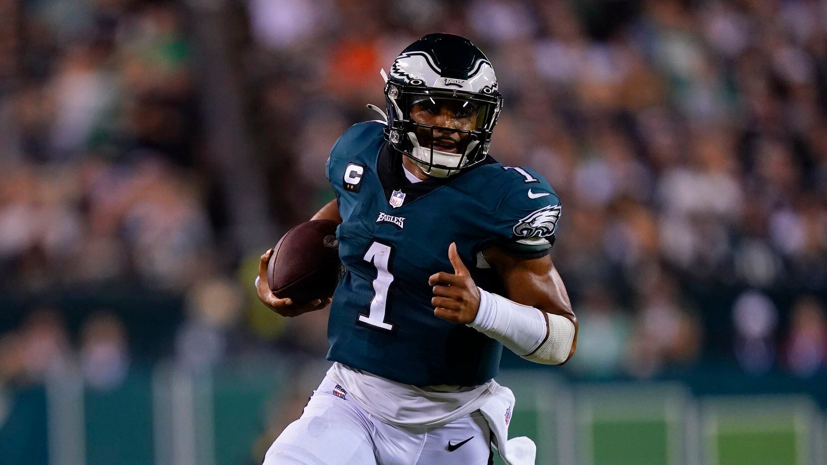 Philadelphia Eagles quarterback Jalen Hurts in action during an NFL football game, Monday,...