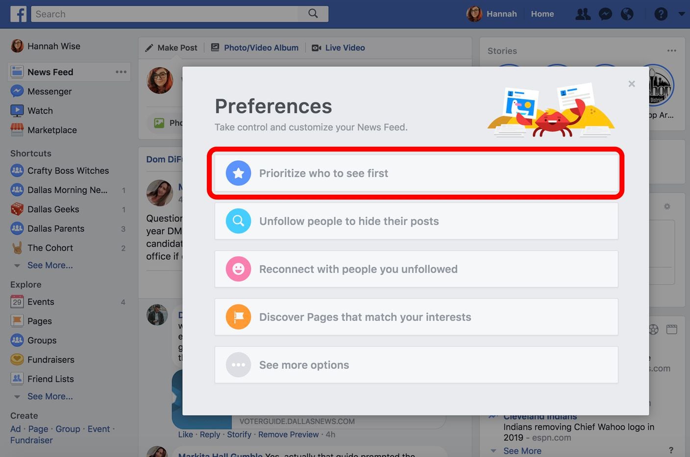 Selected 'Prioritize who to see first.' You will see a list of pages and profiles you "like"...