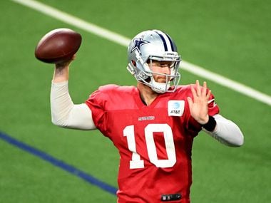 Dallas Cowboys quarterback Cooper Rush (10) throws during Dallas Cowboys football practice, Thursday, Oct. 28, 2021, in Frisco, Texas.