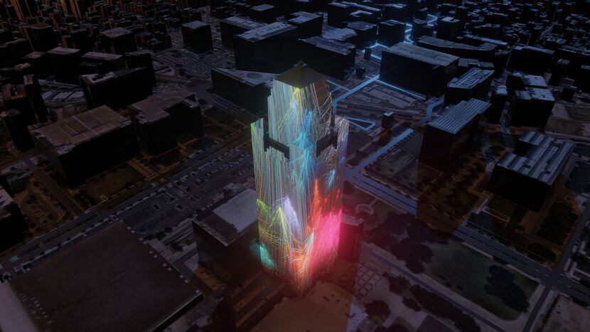 A rendering of Pioneer Tower Dreams, a projection by Refik Anadol created for "New Stories:...
