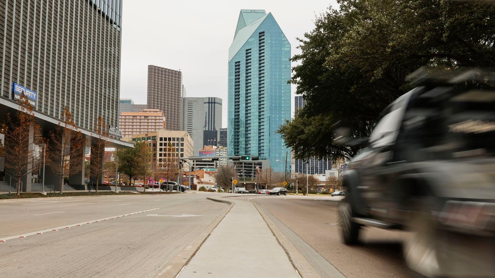 Downtown Dallas skyline is seen along Field St. on Thursday, Jan. 20, 2022 in Dallas, TX.