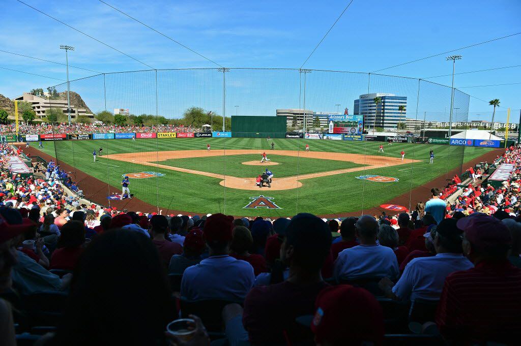 TEMPE, AZ - MARCH 13:  General view of the spring training game between the Texas Rangers...
