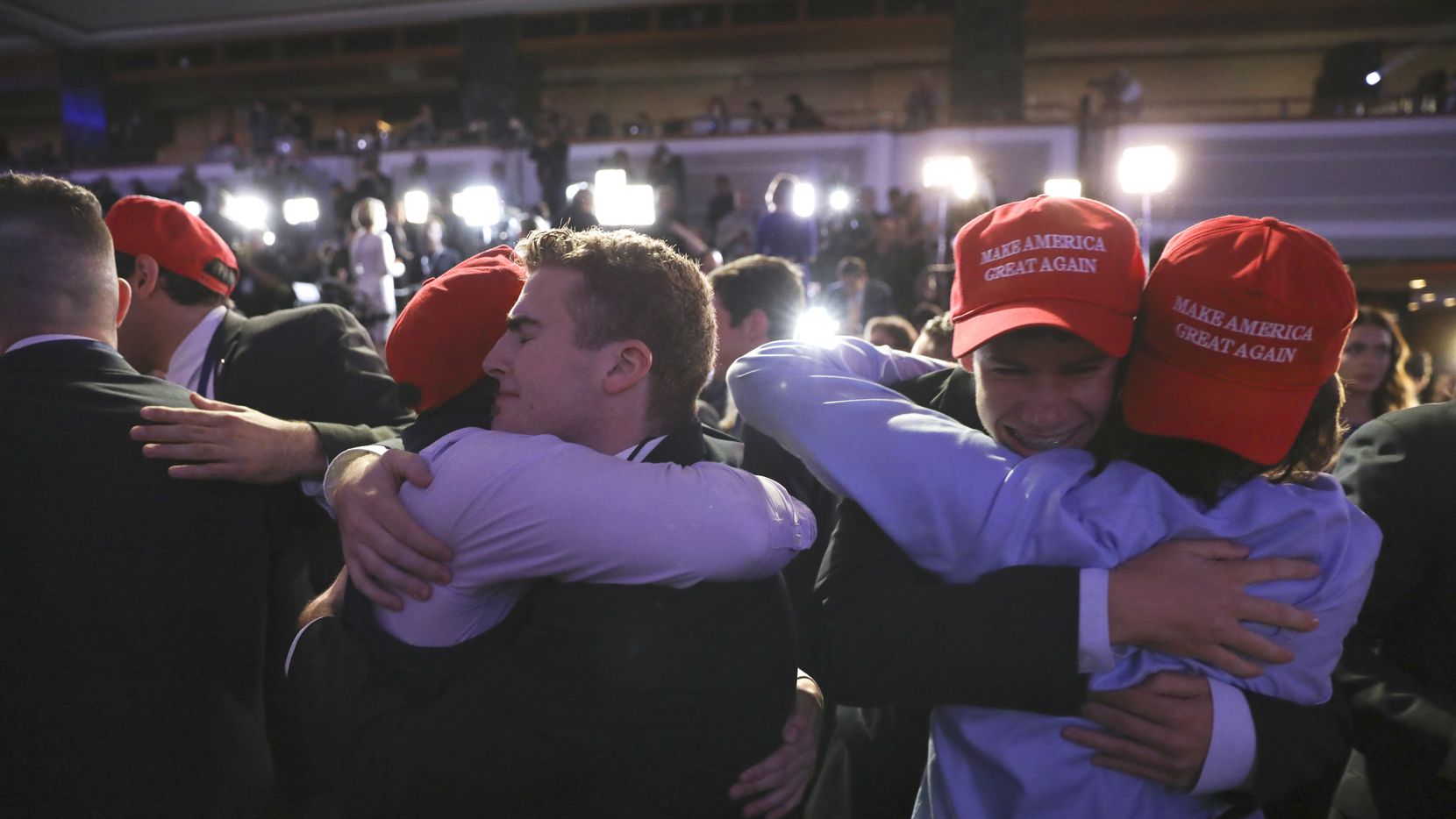 Supporters celebrate at Donald Trump's election night event at the New York Hilton Midtown...