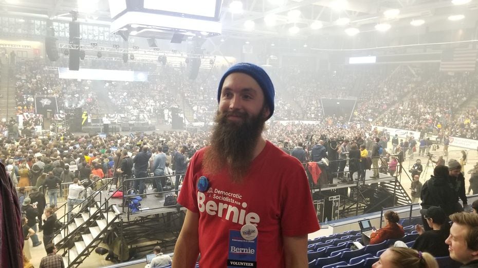 Christopher Williams, 30, a resident of Pocatello, Idaho, took time off work to volunteer for Sen. Bernie Sanders' campaign. He attended a rally at the University of New Hampshire in Durham on Monday Feb. 10, 2020, the night before the primary.