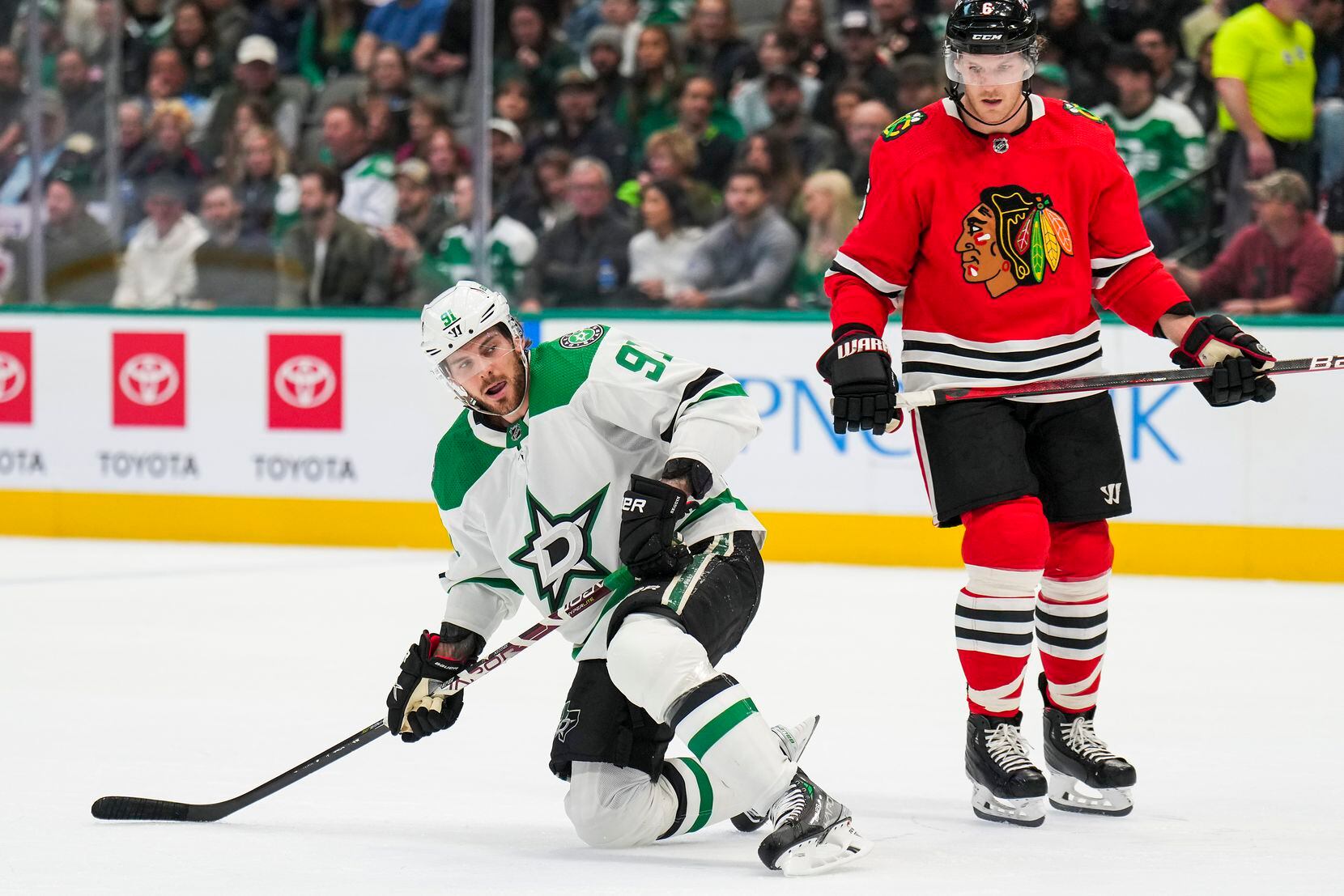 Play stops after Dallas Stars center Tyler Seguin (91) lost a skate blade during the first...