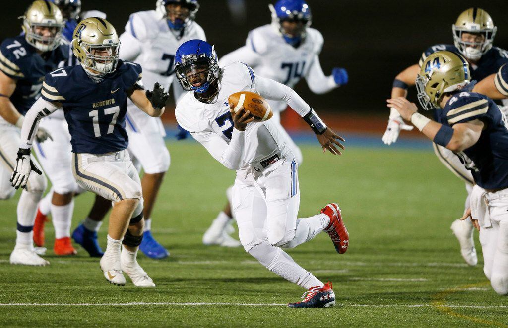 Trinity Christian's Shedeur Sanders (2) runs up the field in a game against Austin Regents during the second half of play at the TAPPS Division II State Championship game at Waco Midway's Panther Stadium in Hewitt, Texas on Friday, December 6, 2019. Trinity Christian defeated Austin Regents 48-19. (Vernon Bryant/The Dallas Morning News)