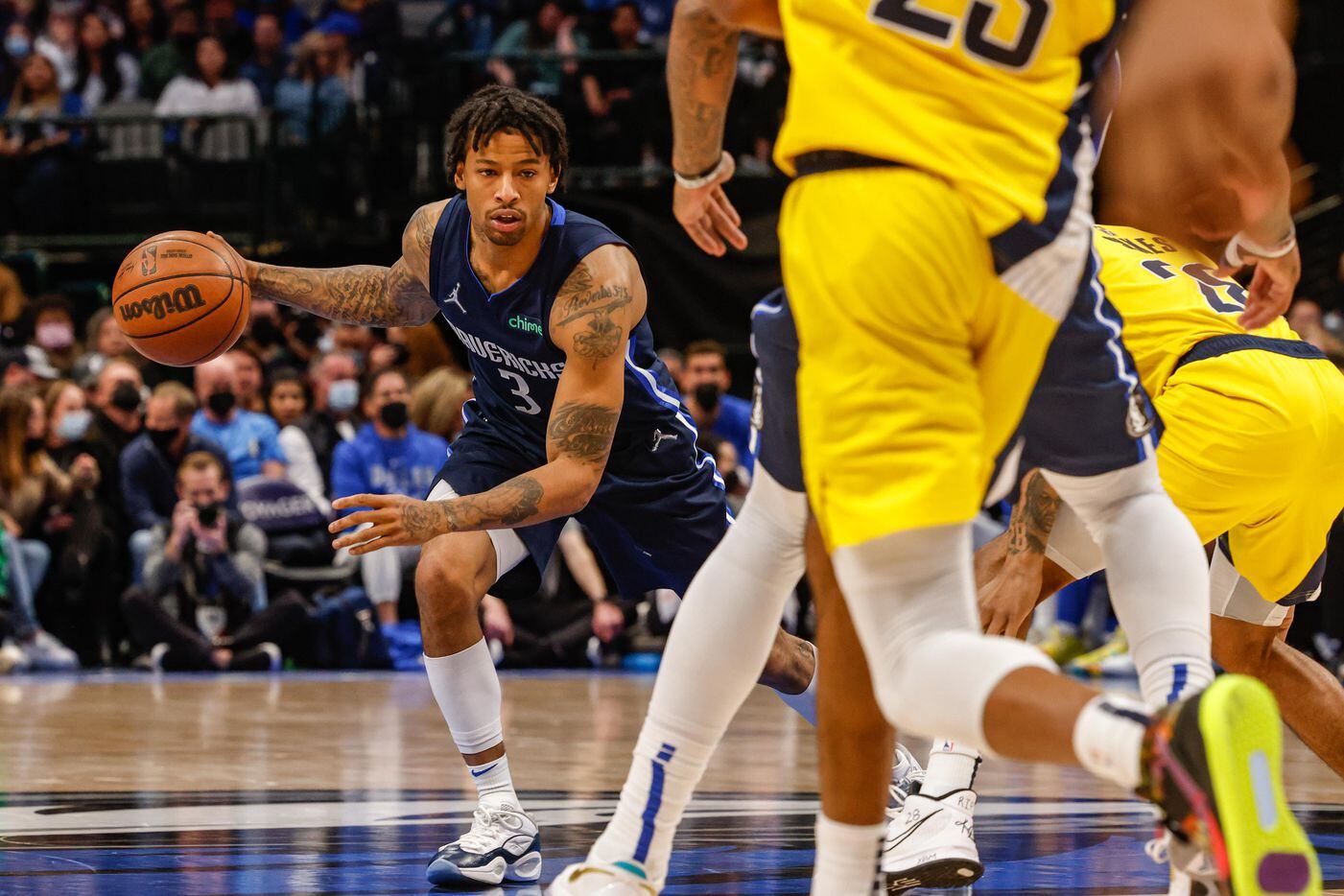 Dallas Mavericks guard Trey Burke (3) drives to the basket against the Indiana Pacers during the second half at the American Airlines Center in Dallas on Saturday, January 29, 2022.