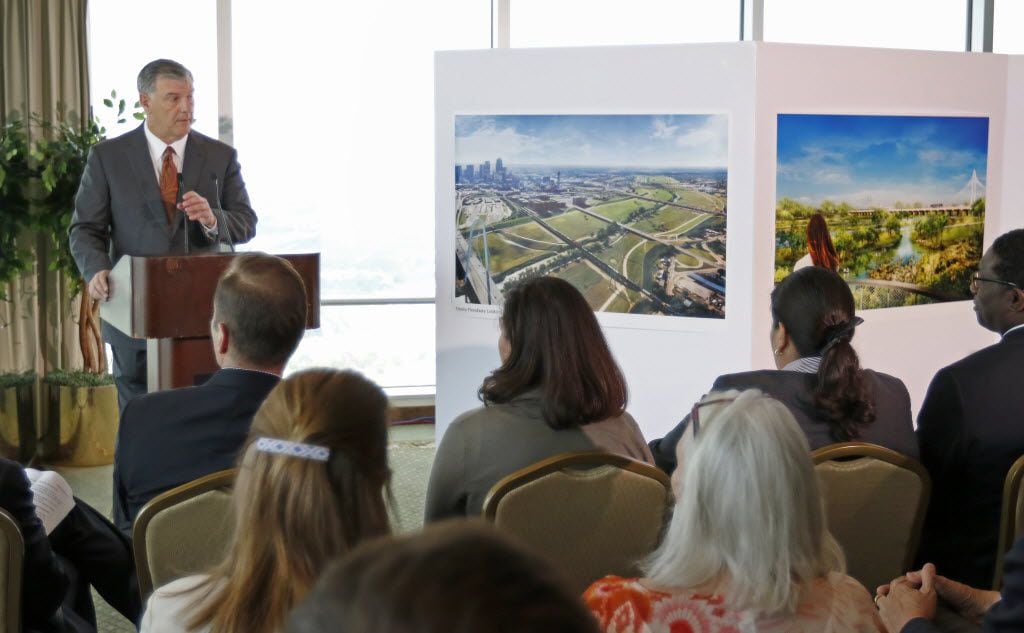 Mayor Mike Rawlings speaks about the plan for a new park to be built at the Trinity River...