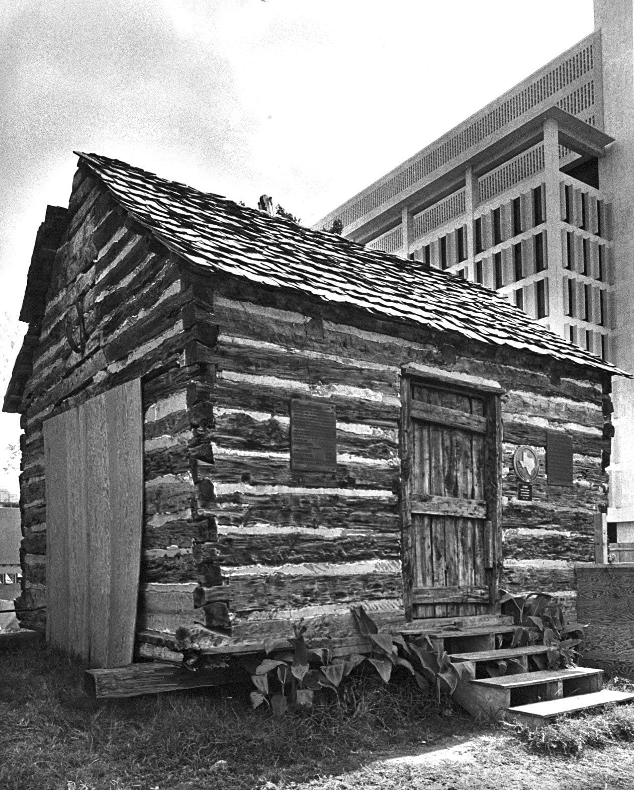 An undated photo of John Neely Bryan Cabin in downtown Dallas.
